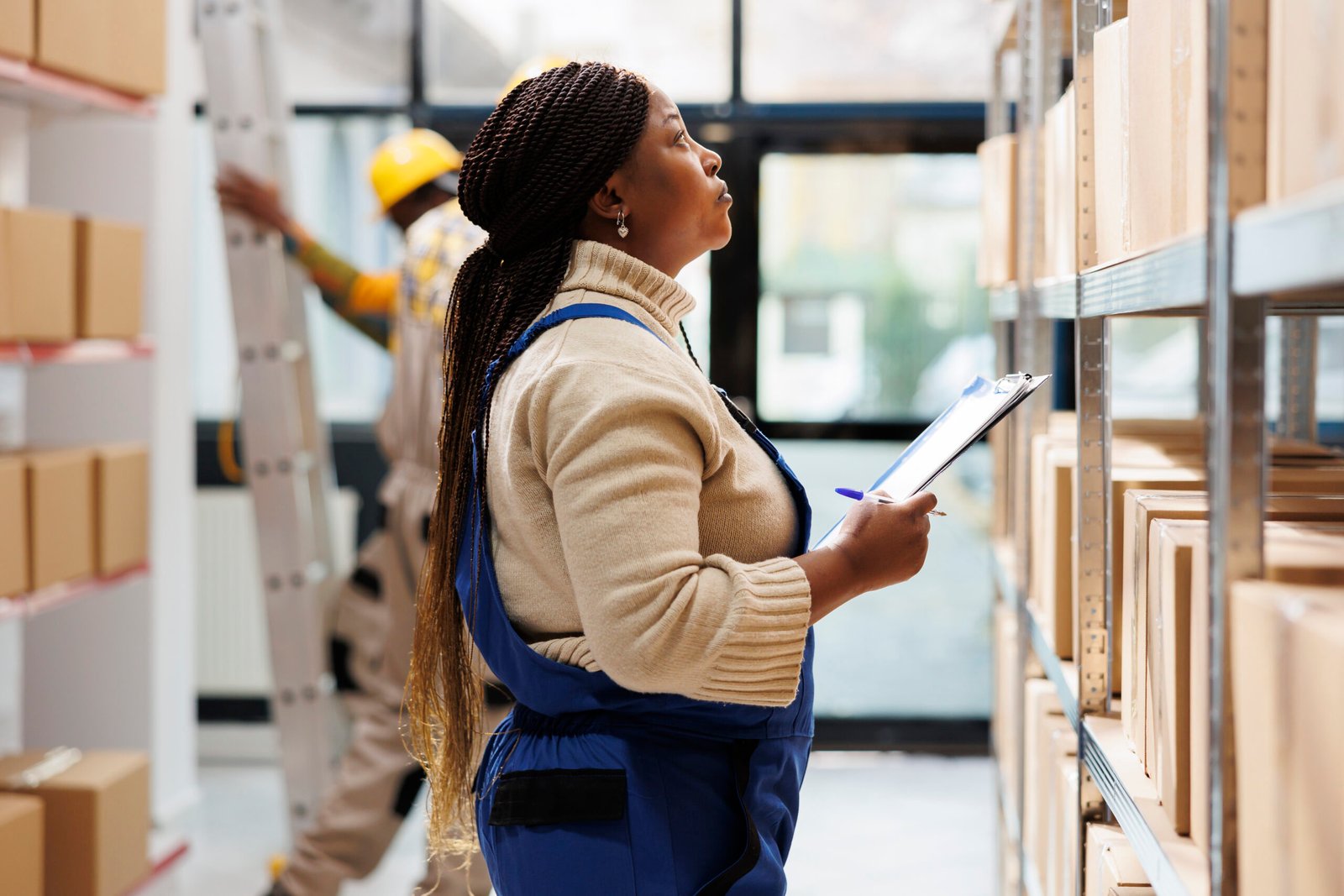 warehouse supervisor looking at parcels and taking notes